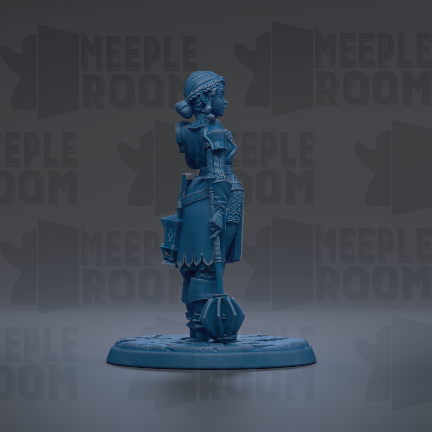 A blue figurine of a person standing on a base, with the text "MEIPLLE ROOM" repeated in the background.