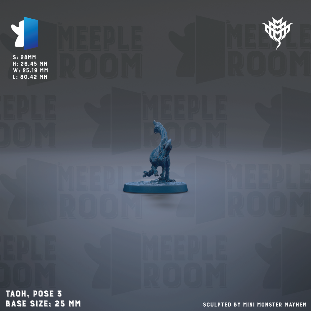 a small blue figurine of a creature, possibly a mythical or fantastical being, sitting on a base. The figurine is the main focus of the image, and the background is a dark gray color with the text "MEIPLE ROOM" repeated multiple times. The image is described as a "collage of multiple images" and "sculpted by mini monster Mayhem", suggesting that it is a creative and unique piece of artwork. The base size of the figurine is 25mm.