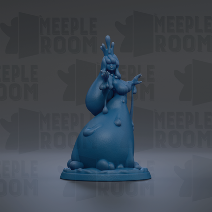A blue, abstract figurine with a whimsical, ethereal appearance is displayed against a dark background with repeated text.