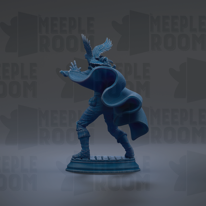 A blue statue of a person with wings, standing on a pedestal and holding a shield.