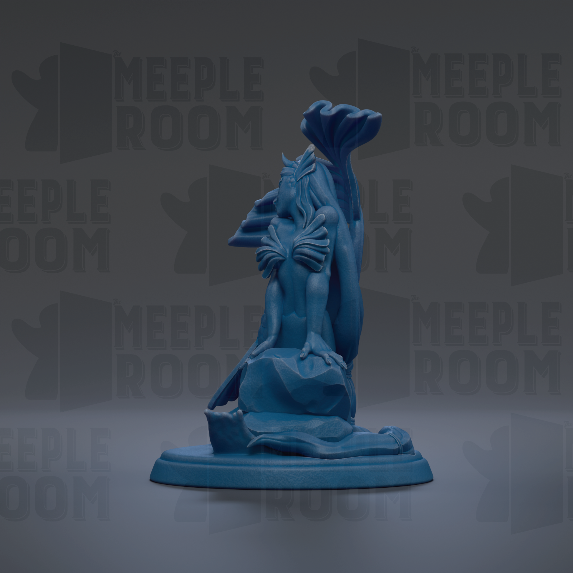 A blue figurine of a mermaid sitting on a rock, with the text "MEUPLE ROOM" repeated in the background.