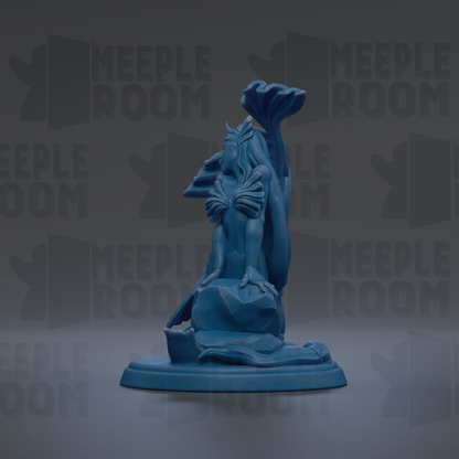 A blue figurine of a mermaid sitting on a rock, with the text "MEUPLE ROOM" repeated in the background.