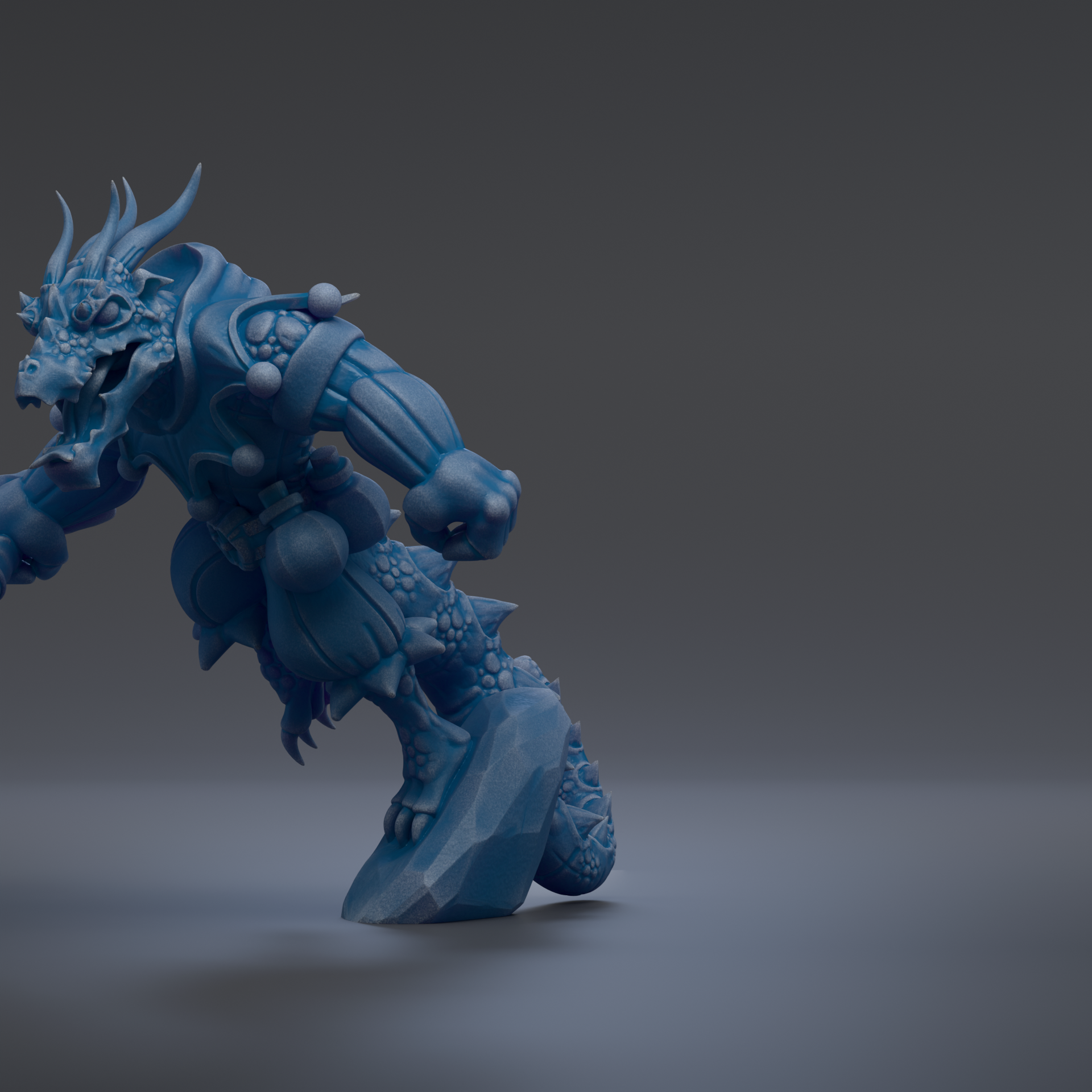 A 3D rendering of a blue dragon-like creature with sharp teeth and claws, standing on a rock and appearing to be in motion.