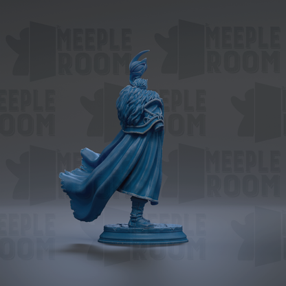 A blue statue of a person standing on a pedestal against a dark background with repeated text.
