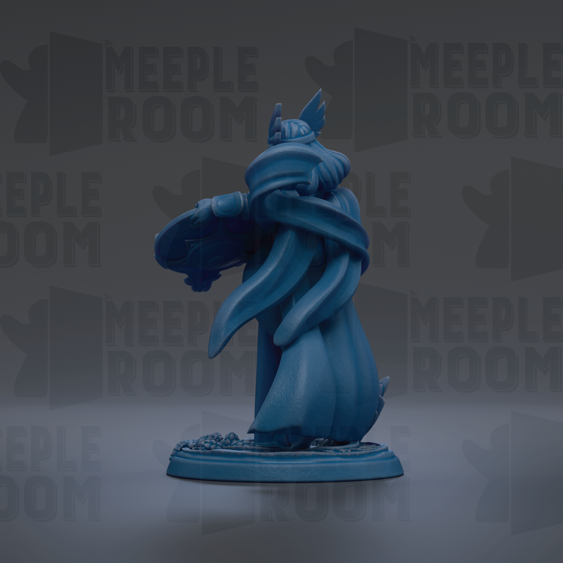 A blue figurine of a figure holding a shield, standing on a base, against a dark background with repeated text.