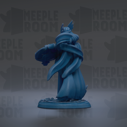 A blue figurine of a figure holding a shield, standing on a base, against a dark background with repeated text.