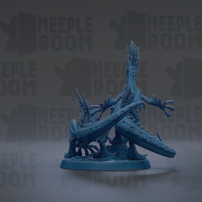 A 3D rendering of a blue, fantastical creature with sharp teeth and spikes, standing on a base. The creature appears to be a mythical or imaginary being, possibly a dragon or serpent-like creature.