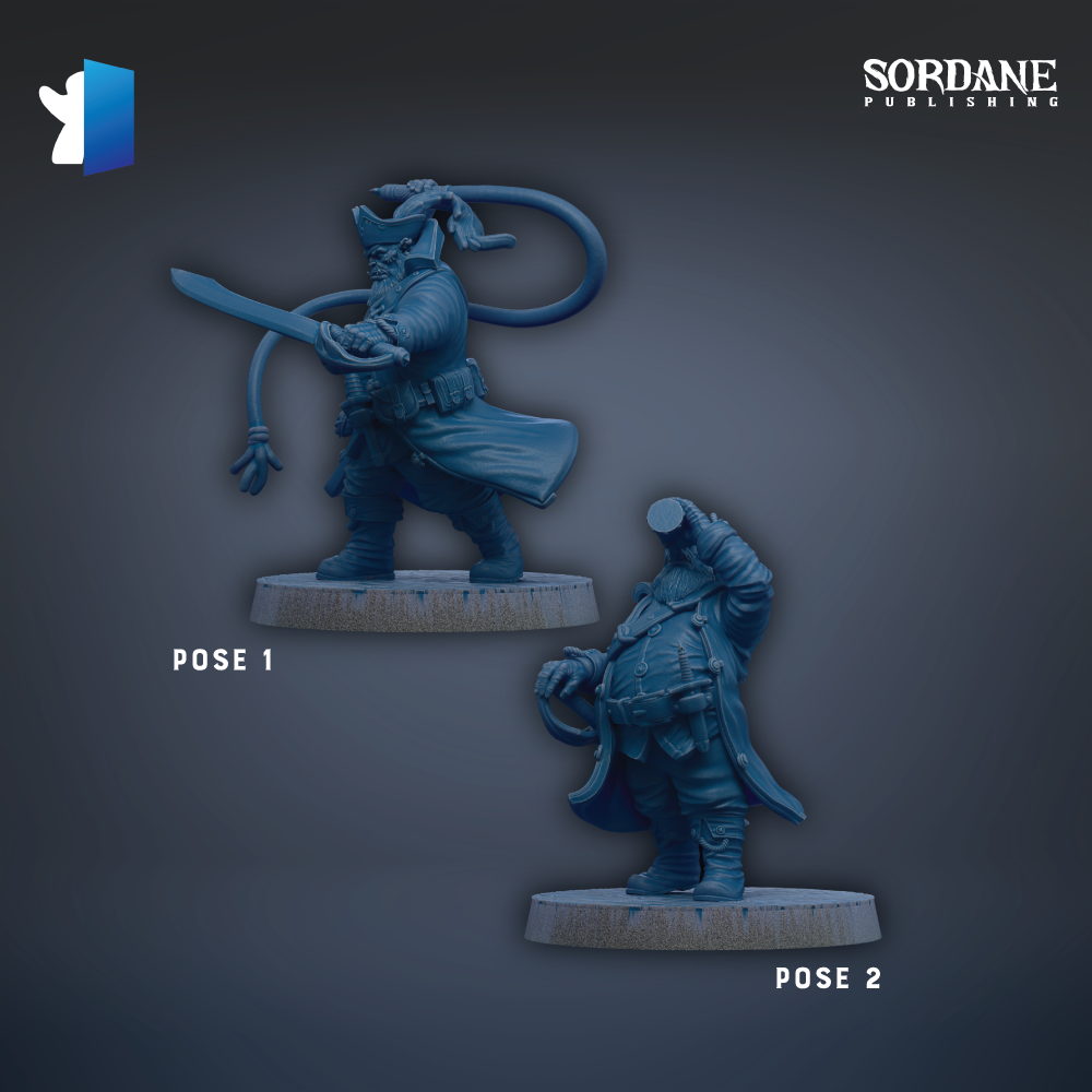 two blue figurines, one standing upright and the other kneeling, both holding weapons. The figurines are positioned on a gray base, and there are two separate descriptions provided for each figurine.
