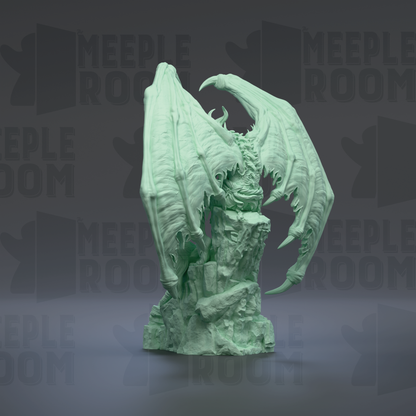 A green, winged dragon statue is displayed against a dark background with repeated text.