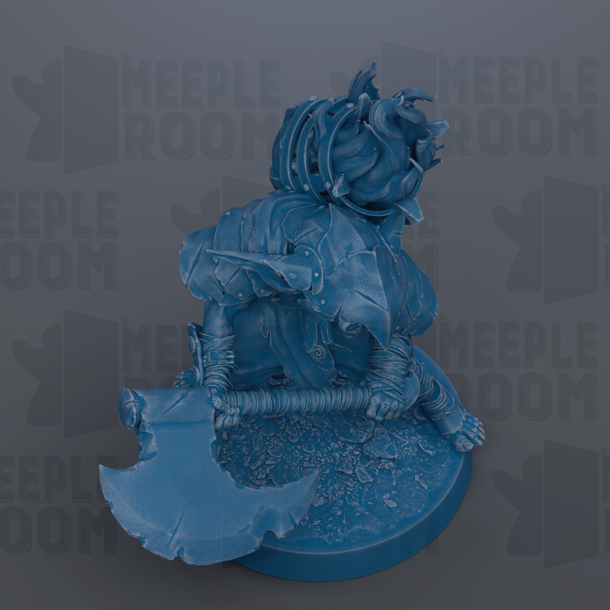 A blue, 3D-rendered figurine of a warrior figure holding a large weapon, likely a sword or spear, with a distinctive headdress.