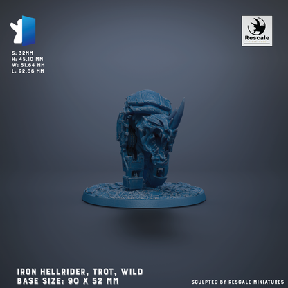 a blue figurine of a Hellrider, a type of armored vehicle, with a helmet and other equipment. The figurine is sitting on a base that is described as having a base size of 90 x 52 mm. The image is a sculpture by Rescale miniatures.