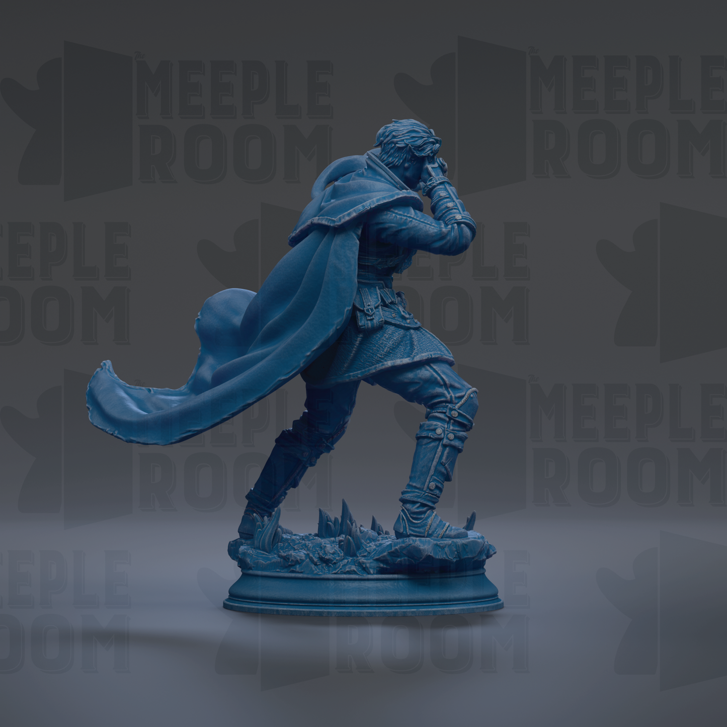 A blue statue of a person standing on a pedestal, with a cape billowing behind them.
