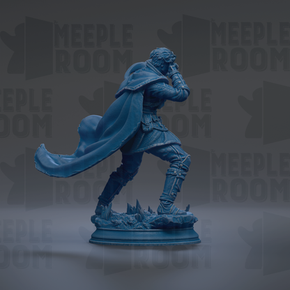 A blue statue of a person standing on a pedestal, with a cape billowing behind them.