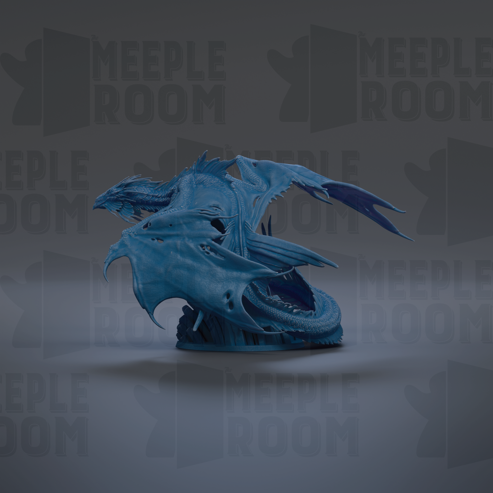 A blue dragon statue is displayed against a dark background with repeated text.