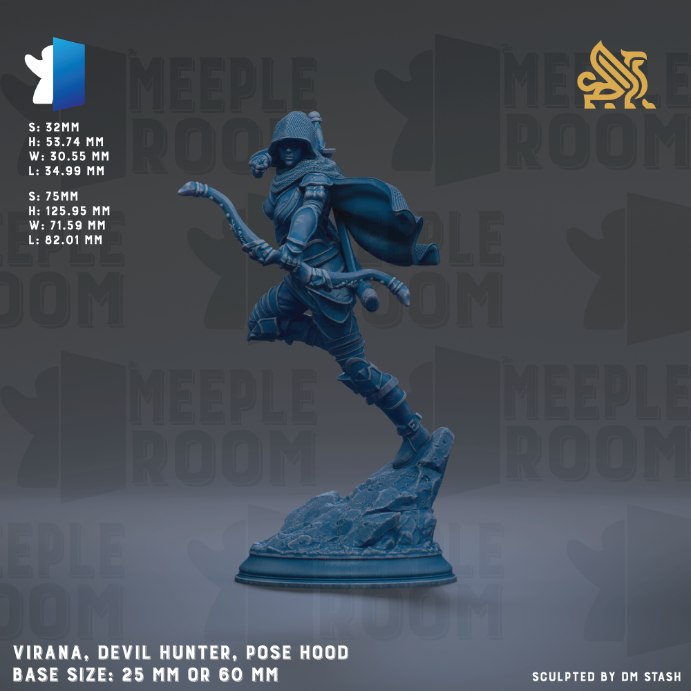 The image is a figurine of a character named Virana, a Devil Hunter, posed on a rock. The figurine is described as a "base size: 25mm or 60mm" and is shown in a dynamic pose. The background of the image is a dark gray color, and the text "MEIPLE ROOM" is visible, suggesting that the image is part of a larger collection or series.