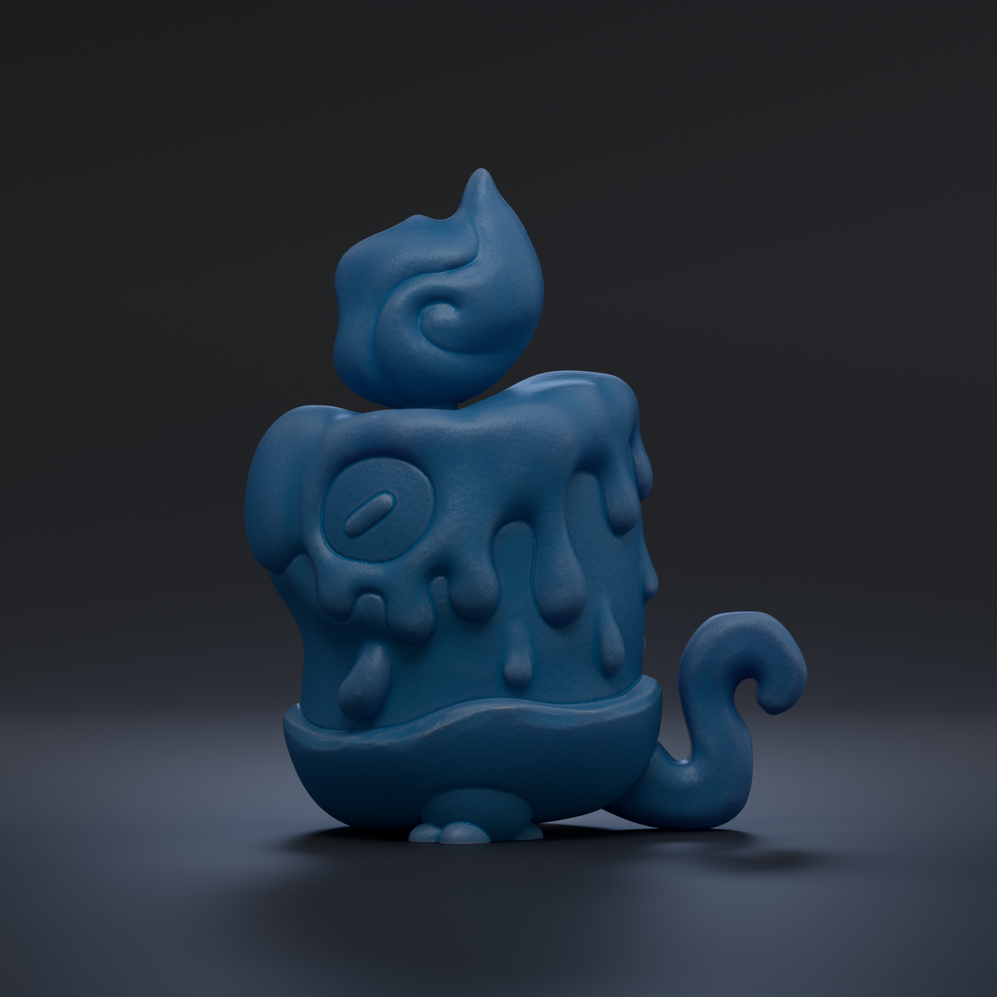 A blue, melted candle-like object with a flame-like shape on top, sitting on a dark surface.