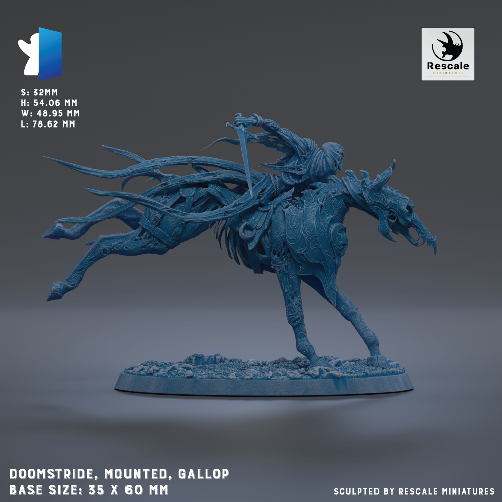 a 3D printed model of a galloping horse with a rider, mounted on a base that is described as 35 x 60 mm. The galloping horse is shown in a dynamic pose, with its legs spread wide and its head turned to the side. The image is a 3D printed model of a galloping horse, mounted on a base that is described as 35 x 60 mm.