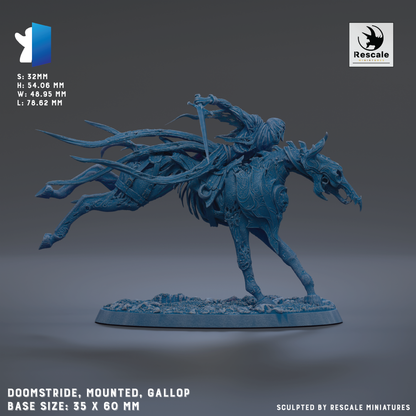 a 3D printed model of a galloping horse with a rider, mounted on a base that is described as 35 x 60 mm. The galloping horse is shown in a dynamic pose, with its legs spread wide and its head turned to the side. The image is a 3D printed model of a galloping horse, mounted on a base that is described as 35 x 60 mm.