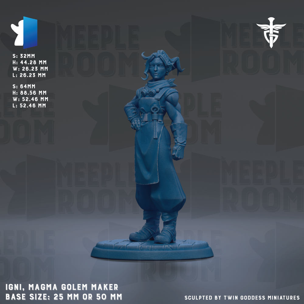a figurine of a woman, likely a Magma Golem Maker, with a base size of 25mm or 50mm.