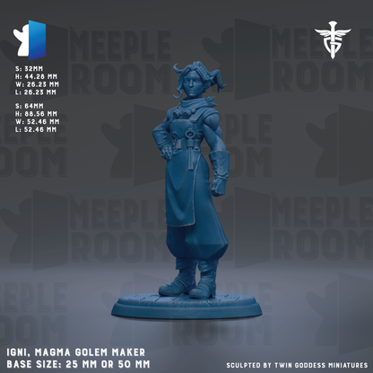 a figurine of a woman, likely a Magma Golem Maker, with a base size of 25mm or 50mm.