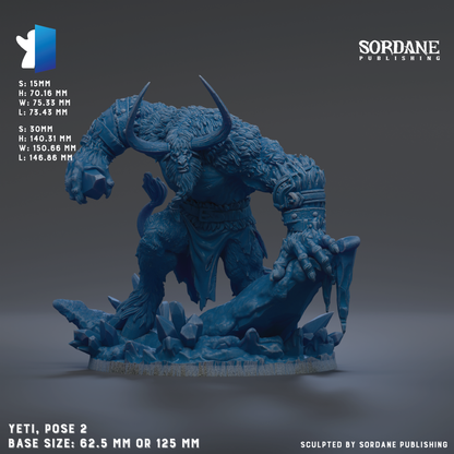 A blue, sculpted monster figure with horns and claws, posed in a dynamic fighting stance. The base size of the figure is 62.5 mm or 125 mm. The image is published by Sordane Publishing.