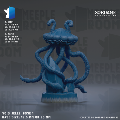 a large, blue jellyfish-like creature with multiple tentacles, standing on a base. The base size is either 12.5 mm or 25 mm. The image is a sculpture, and it is published by Sordane Publishing.