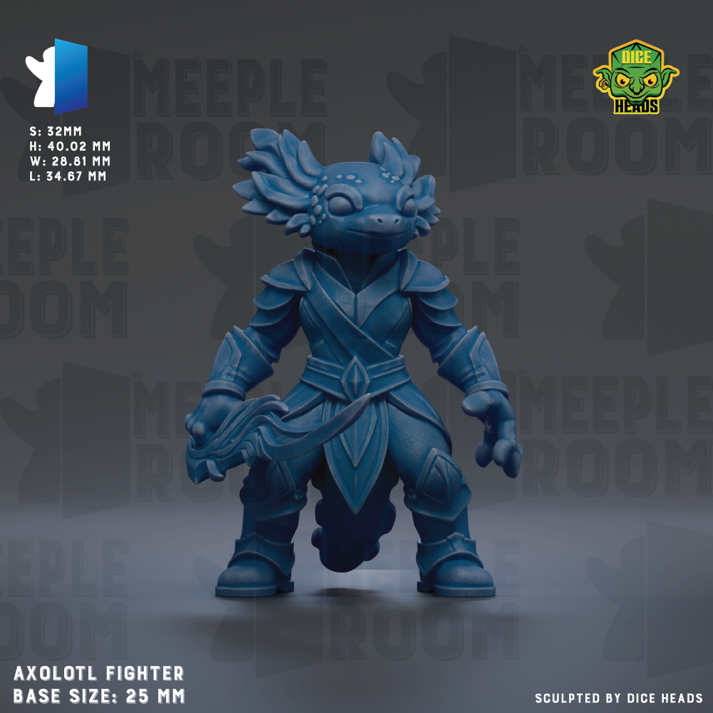 a blue figurine of a fighter character, specifically an axolotl fighter, with a base size of 25mm.
