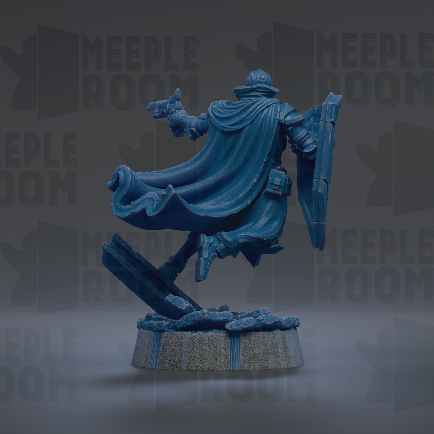 A blue figurine of a person in a cape and helmet, standing on a gray base and holding a shield, against a dark background with repeated text.