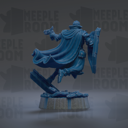 A blue figurine of a person in a cape and helmet, standing on a gray base and holding a shield, against a dark background with repeated text.