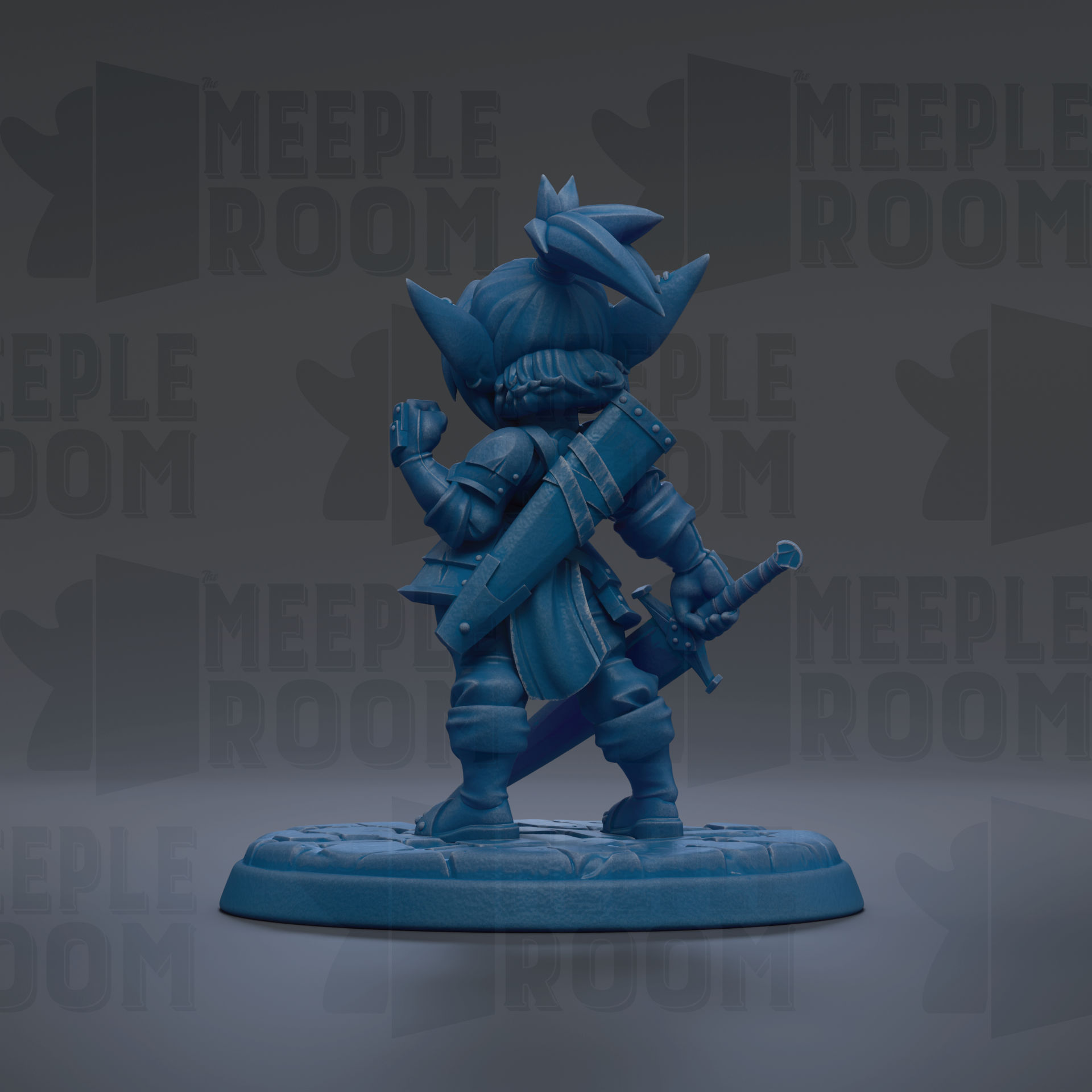 A blue figurine of a character with a sword and shield stands on a base against a dark background with repeated text.