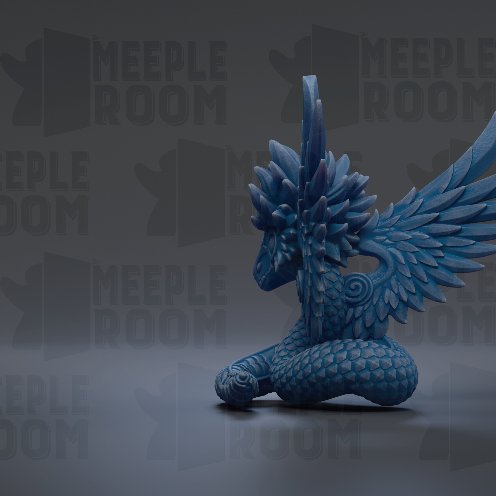 A blue dragon-like creature with large, intricate wings and a long, coiled body is depicted in the image.