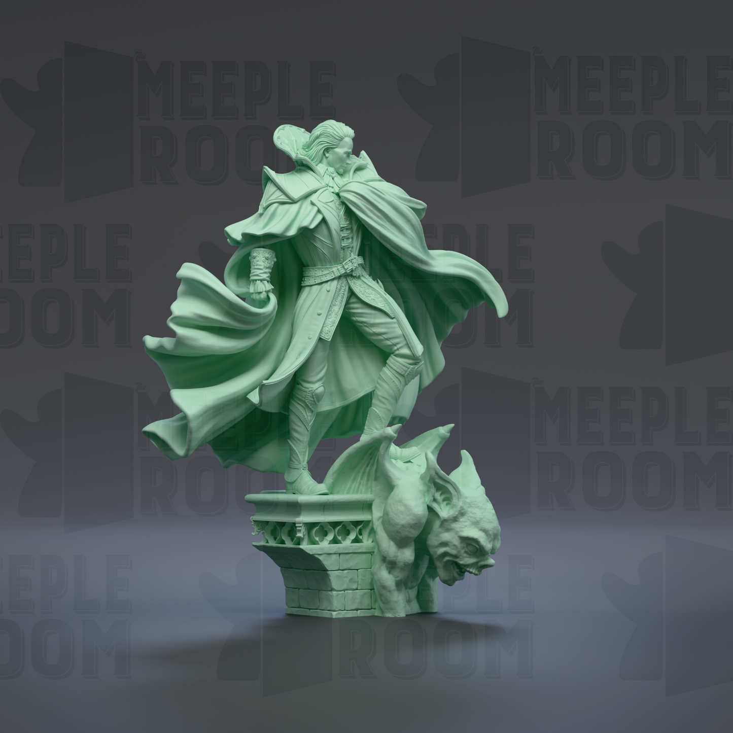 A green statue of a person with flowing robes and a cape, standing on a pedestal and holding a staff, against a dark background with repeated text.