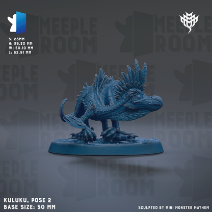 a blue figurine of a creature with spikes, sitting on a base. The figurine is described as a "Kuluku" and is "pose 2" in size, with a base size of "50 mm". The image is a "collage of multiple images" and is "sculpted by mini monster Mayhem".