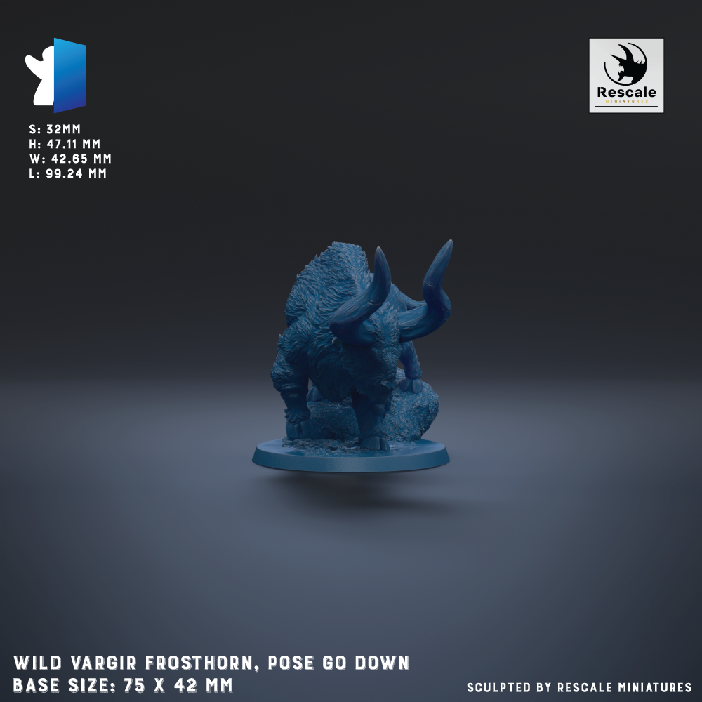 a blue figurine of a mythical creature, specifically a Vargir Frosthorn, posed in a crouched position. The figurine is shown in a crouched position, with its horns extended, and it is standing on a base that is described as being 75 x 42 mm in size. The image is a 3D rendering of the figurine, and it is presented against a dark background.