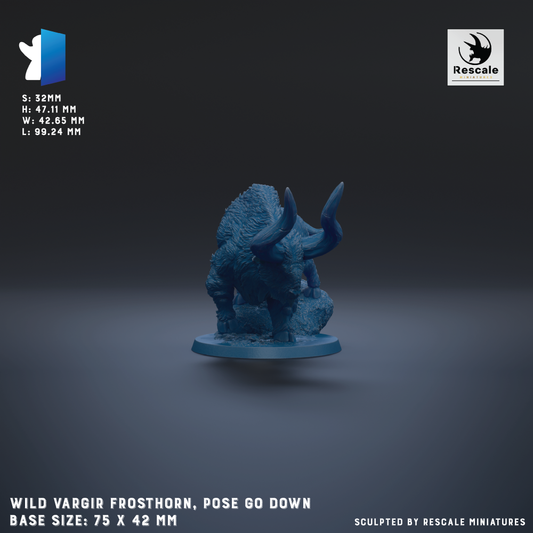 a blue figurine of a mythical creature, specifically a Vargir Frosthorn, posed in a crouched position. The figurine is shown in a crouched position, with its horns extended, and it is standing on a base that is described as being 75 x 42 mm in size. The image is a 3D rendering of the figurine, and it is presented against a dark background.