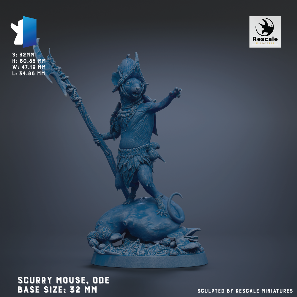 The image is a 3D rendering of a blue figurine depicting a mouse-like creature with a human-like body, standing on a rock and holding a staff. The figurine is described as a "scurry mouse, Ode" and is shown in a base size of 32 mm.