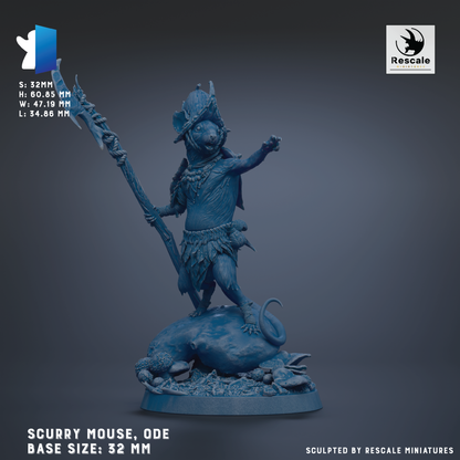 The image is a 3D rendering of a blue figurine depicting a mouse-like creature with a human-like body, standing on a rock and holding a staff. The figurine is described as a "scurry mouse, Ode" and is shown in a base size of 32 mm.