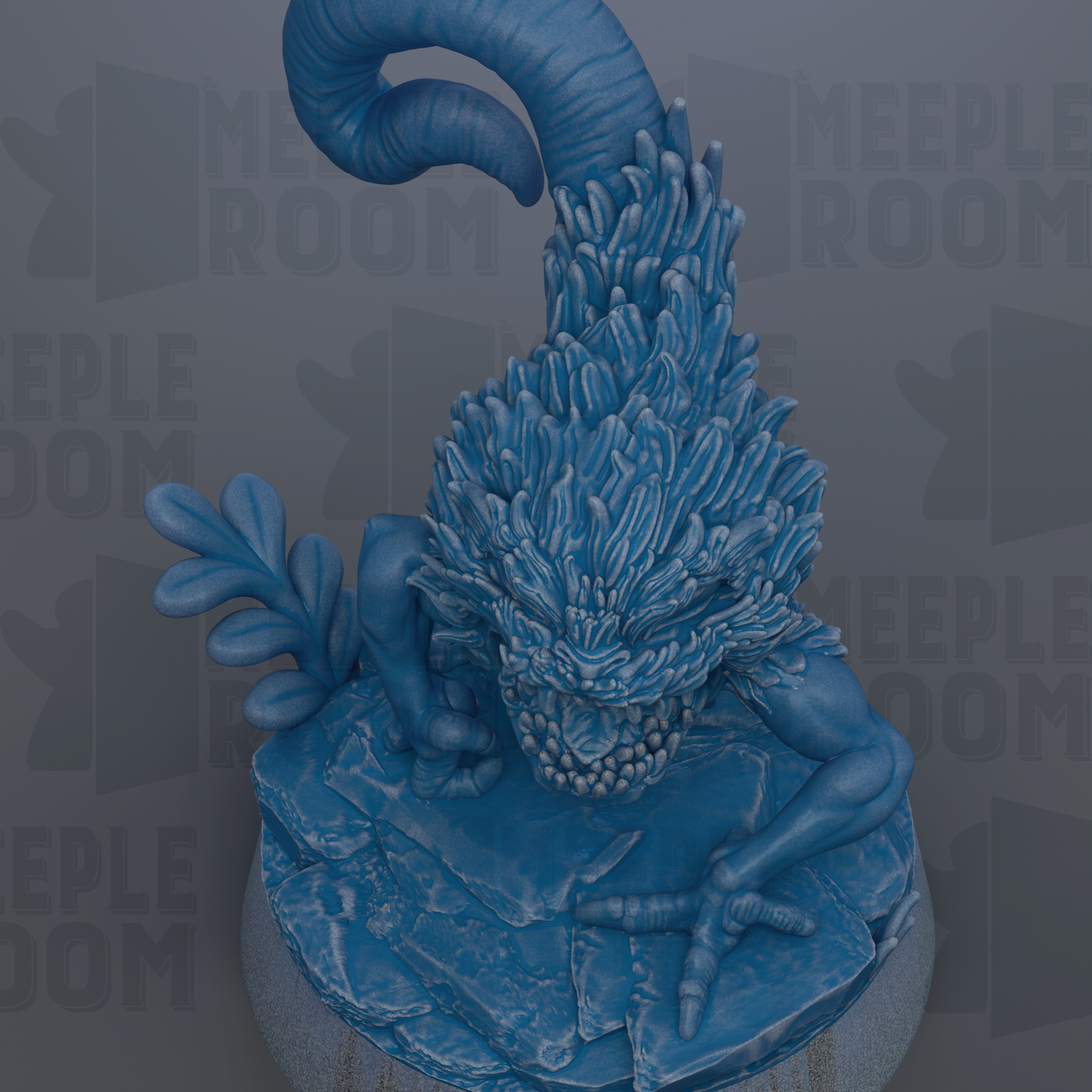 A blue, fantastical creature with a large head and long, curled tail is depicted in the image.