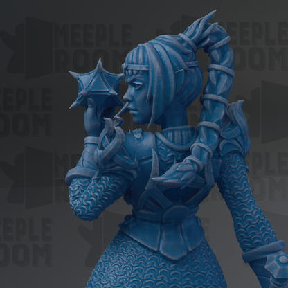 A blue, detailed statue of a woman with a pointed hat and intricate armor, holding a star-shaped object.