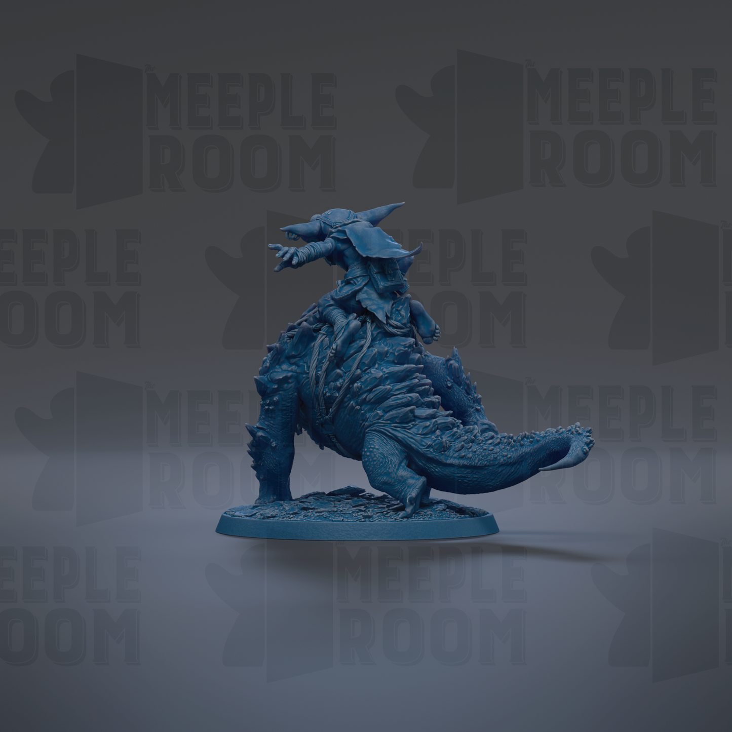A blue, 3D-rendered dinosaur figurine is shown against a dark background with repeated text.