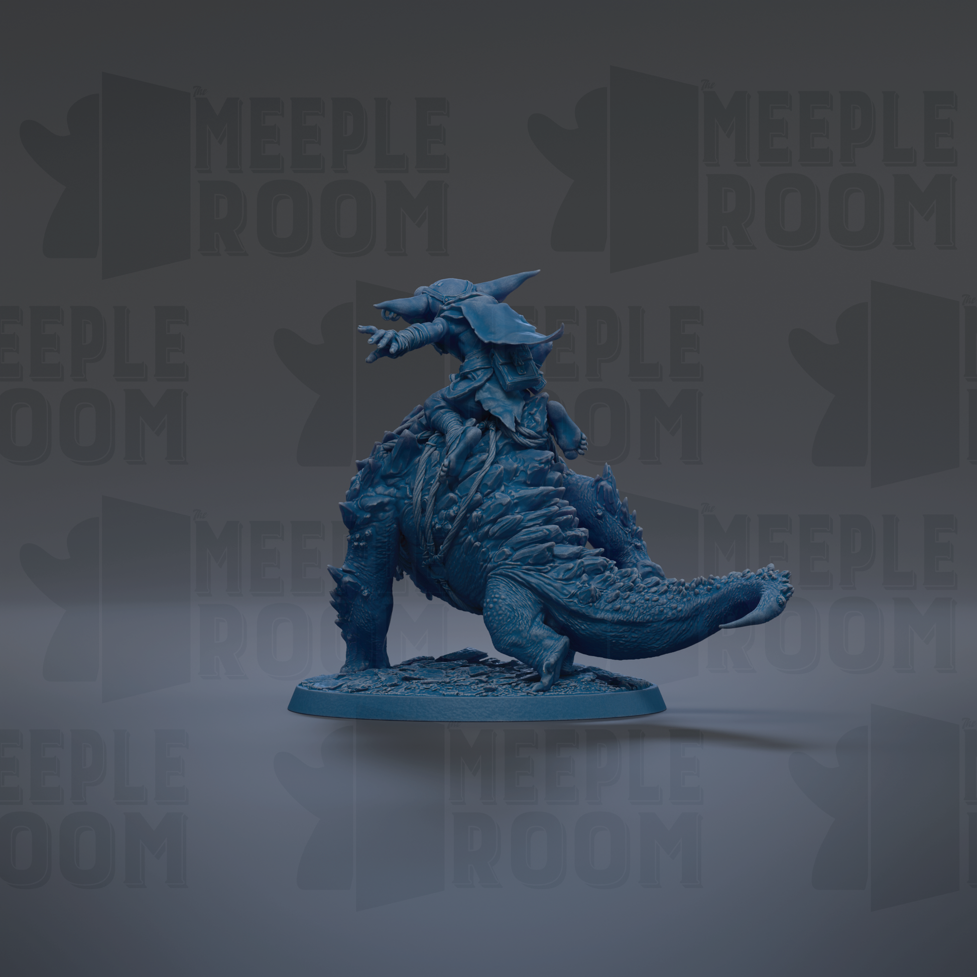 A blue, 3D-rendered dinosaur figurine is shown against a dark background with repeated text.