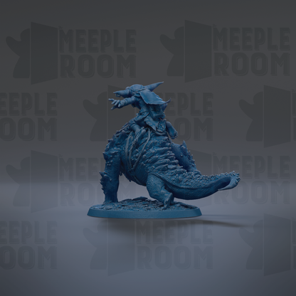A blue, 3D-rendered dinosaur figurine is shown against a dark background with repeated text.