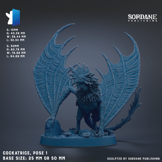 The image is a detailed model of a blue dragon-like creature with wings, standing on a base. The base size is either 25mm or 50mm, depending on the perspective. The dragon is posed in a dynamic stance, with its wings spread wide. The image does not contain any text, and the focus is on the intricate details and realistic representation of the dragon.