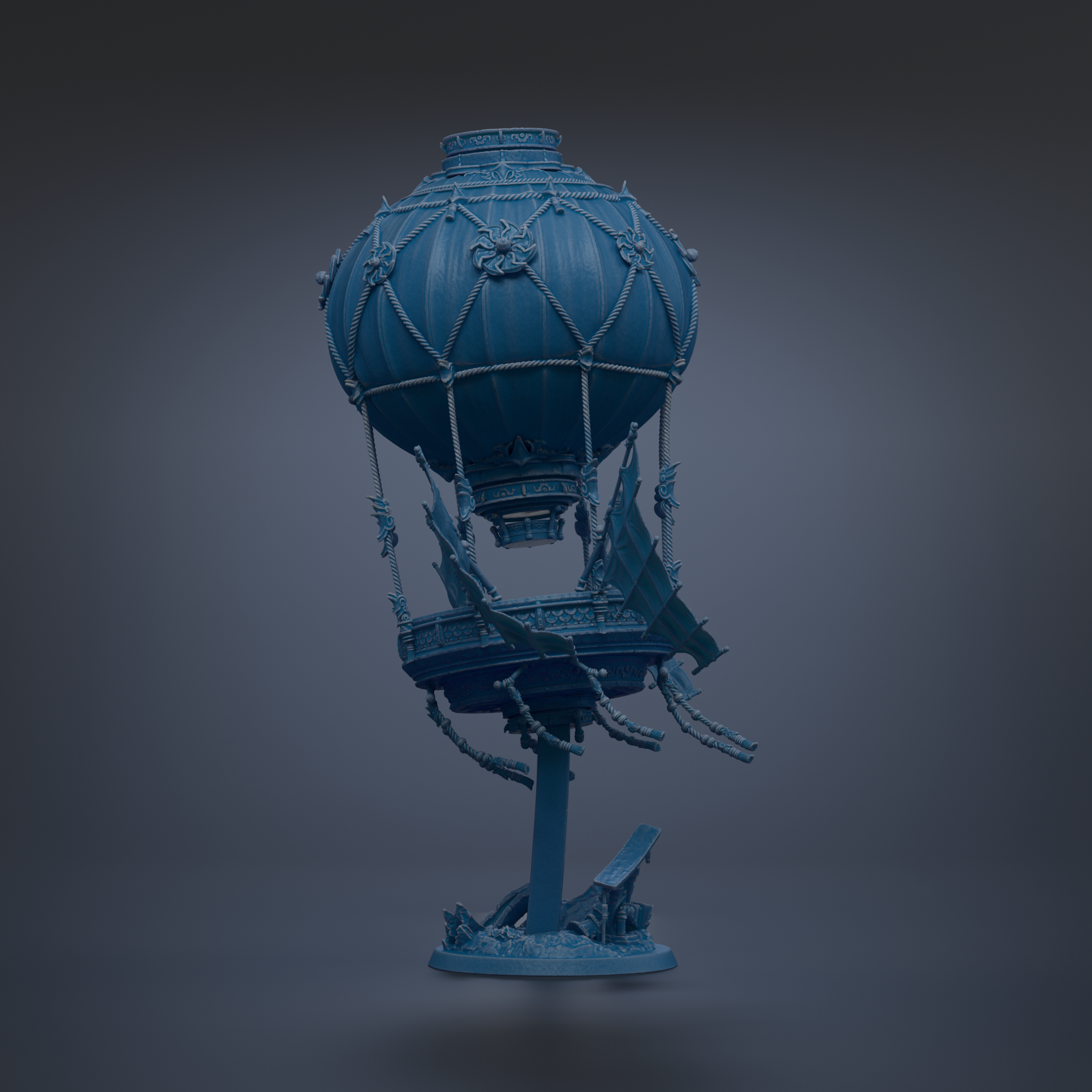 A blue, spherical hot air balloon-like object with intricate designs and decorations, floating against a dark background.