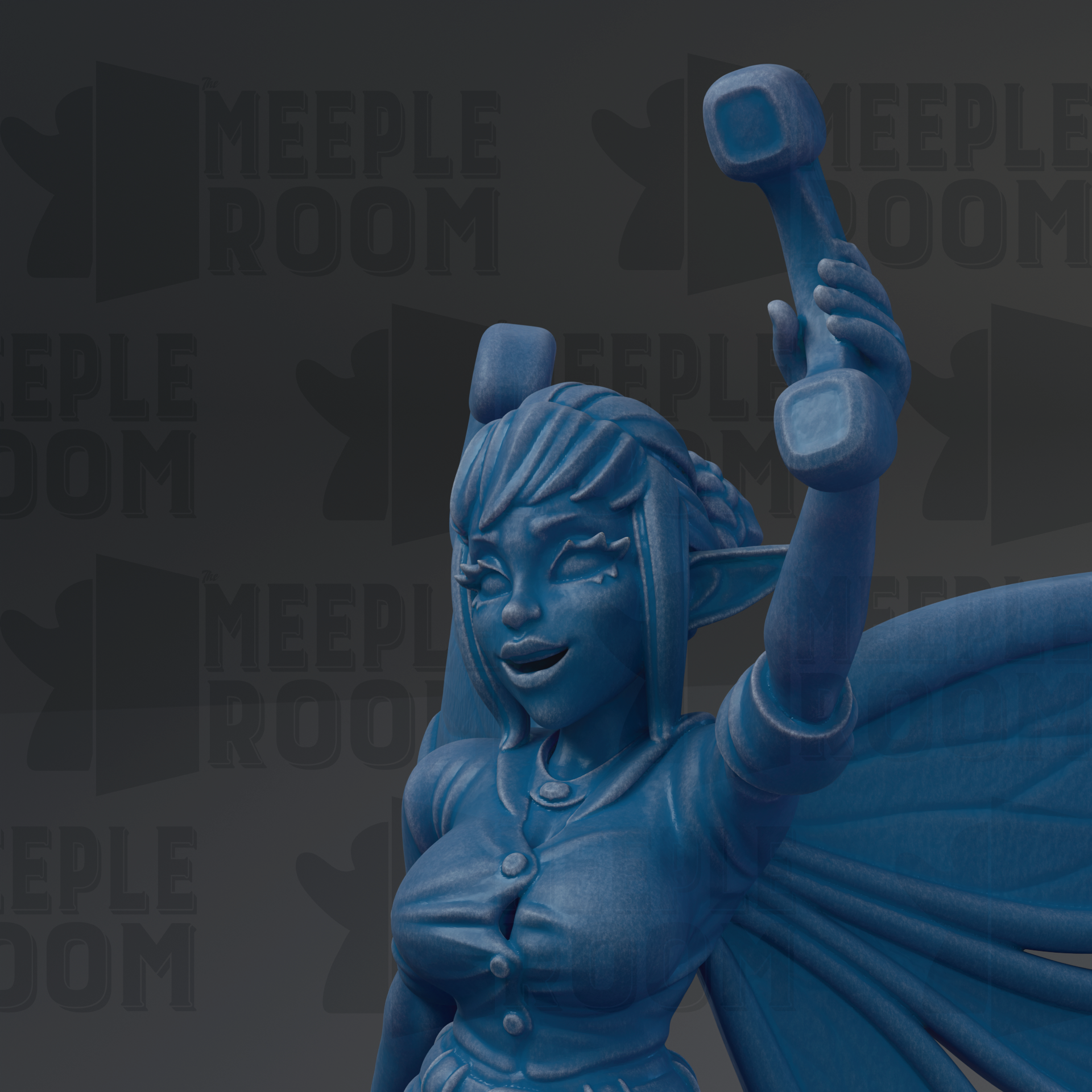 A blue figurine of a fairy or magical creature with wings and a staff, standing against a dark background with repeated text.