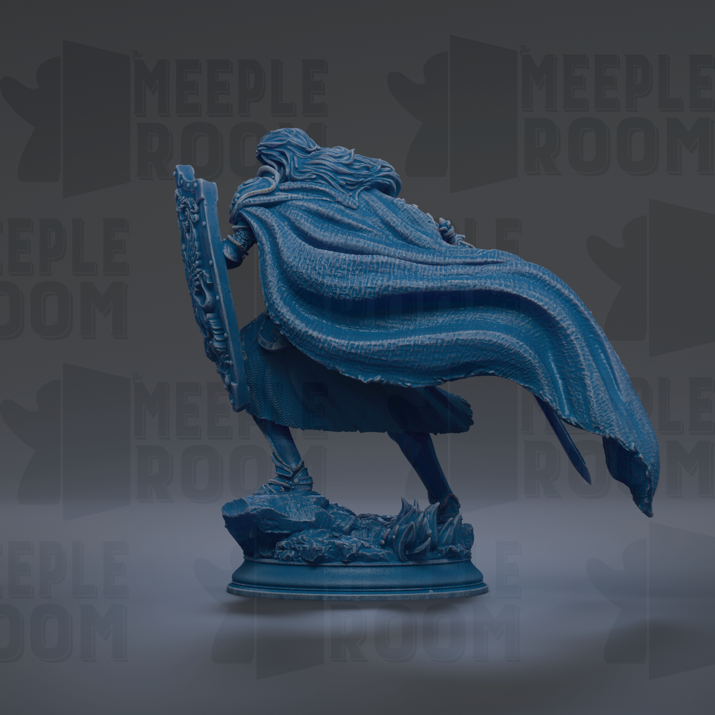 A blue statue of a person with flowing hair and a cape, standing on a rock.