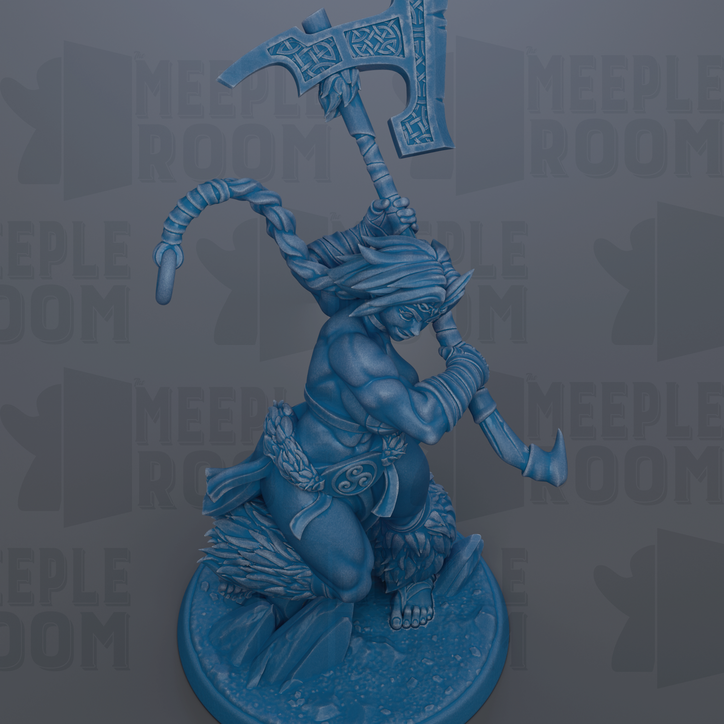 A blue figurine of a muscular, battle-ready figure holding a large weapon, standing on a platform.