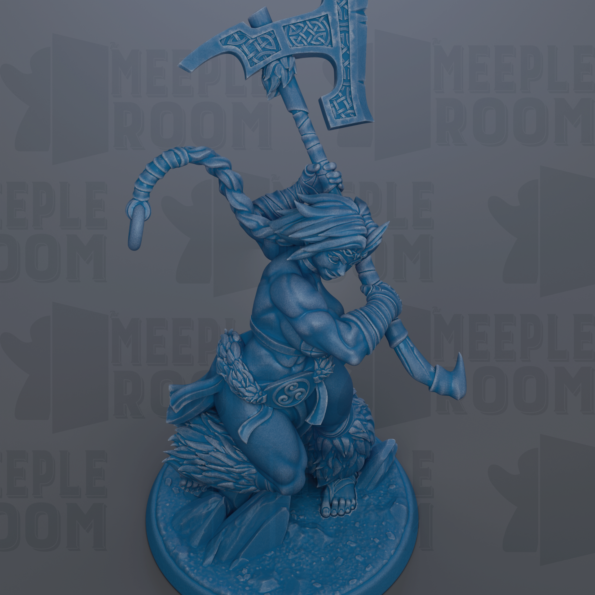 A blue figurine of a muscular, battle-ready figure holding a large weapon, standing on a platform.