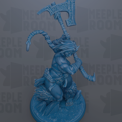 A blue figurine of a muscular, battle-ready figure holding a large weapon, standing on a platform.