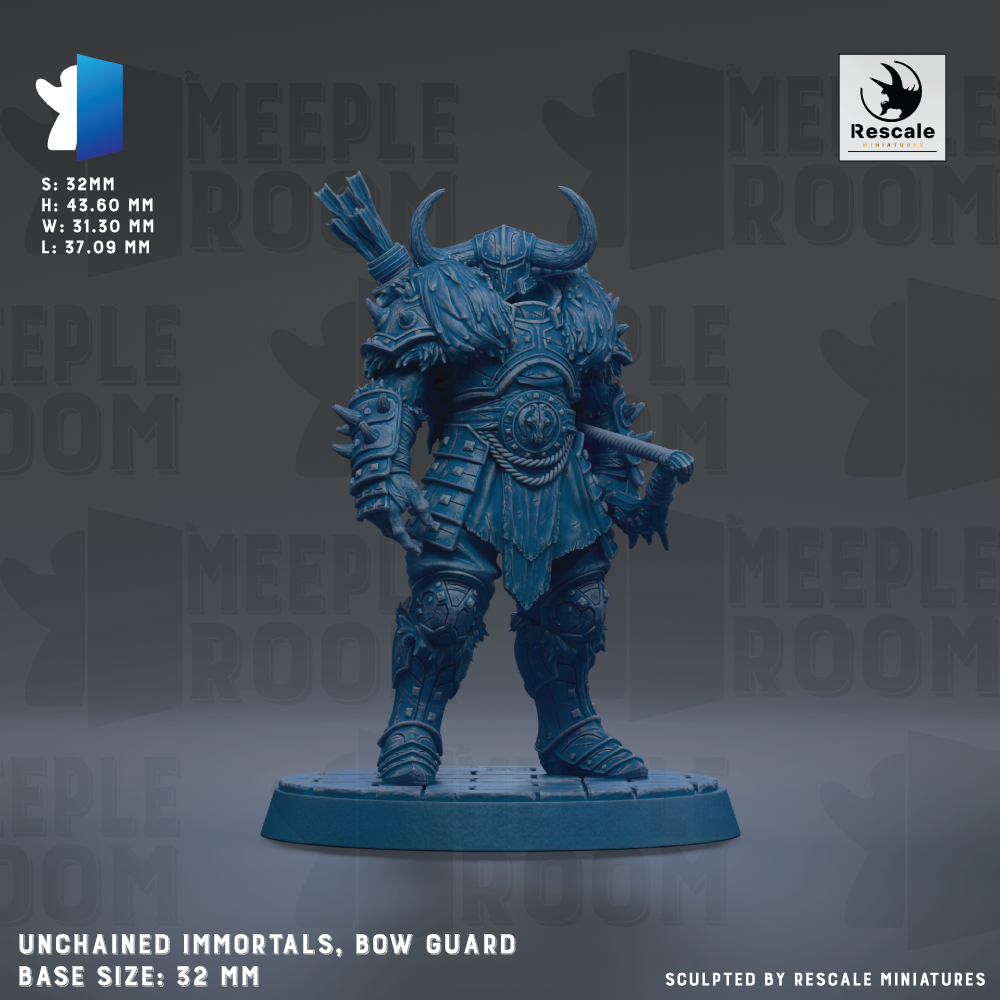 a detailed 3D model of a Bow Guard, a type of armored warrior, with a base size of 32mm. The Bow Guard is shown in a dynamic pose, standing on a platform and holding a bow in its right hand. The background of the image is a dark gray color, which contrasts with the Bow Guard and makes it stand out prominently. The image does not contain any text, and the focus is solely on the Bow Guard and its surroundings.
